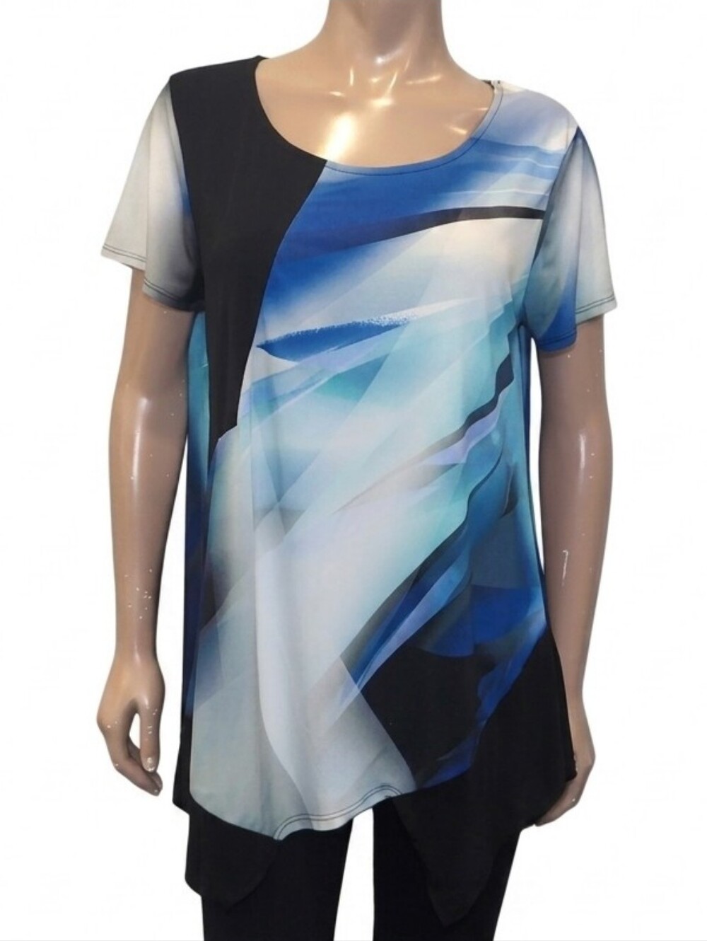 Bleu Abstract Tunic Top Short Sleeve Asymmetric Watercolour Size Large Blue